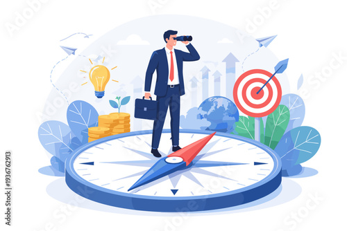 Businessman standing on a large compass looking through binoculars for new opportunities, guidance, and direction in global market, vision for investment strategy, goal achievement, and success.