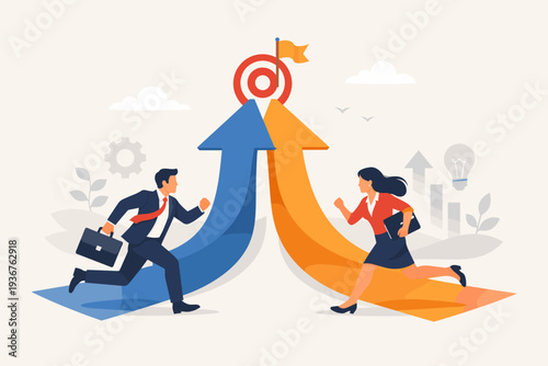 Business Collaboration and Synergy Concept with Businessman and Businesswoman Running on Converging Arrows Towards a Common Goal Target for Growth, Partnership, Merger, and Corporate Success.