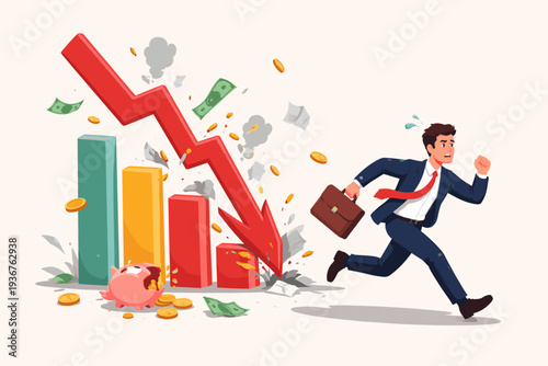 Businessman running from a crashing stock market chart with a red arrow pointing down, broken piggy bank, and scattered money. Concept of economic recession, financial crisis, and investment risk.