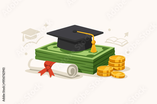 Education Cost and Student Loan Concept with Graduation Cap, Stack of Money, Gold Coins and Diploma Scroll. Academic Expense, Tuition Fees, Scholarship and Investment in Future Career Growth.