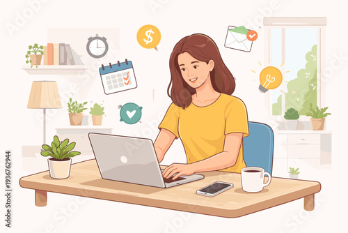 Young woman working on laptop at home office for freelance business or remote job. Illustration with icons for time management, ideas, money, and communication. Digital nomad lifestyle concept.