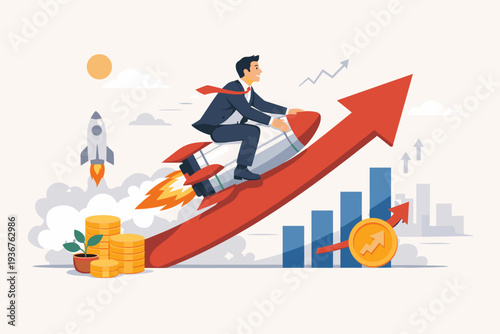 Businessman Riding Rocket on Upward Arrow Symbolizing Rapid Business Growth, Financial Investment Success, Startup Acceleration, Profit Earning Increase, Market Return, and Economic Prosperity