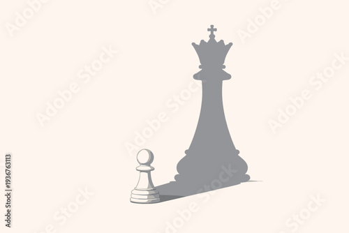 Conceptual Vector Illustration of a Small Chess Pawn Casting a Powerful Shadow of a Queen, Symbolizing Ambition, Potential, Dreaming Big, Leadership, Success, and Inner Strength in Business.