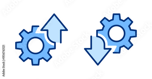 Gear with arrows icons set. Gear wheel, cogwheel, arrow up, down sign. Setting, settings, configuration, setup symbol. Blue solid vector icon. For apps, website, business, ui / ux design, infographic.