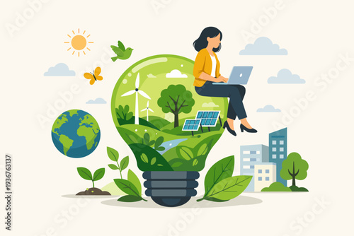 Sustainable Business Concept with Woman Working on Laptop on a Lightbulb Filled with Green Energy Landscape, Wind Turbines, and Solar Panels for Ecology, Environmental Care, and CSR Initiatives