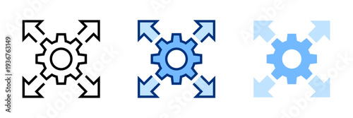Gear with arrows icons set. Gear wheel, cogwheel, arrow sign. Setting, settings, configuration, option, setup symbol. Blue solid vector icon. For apps, website, business, ui / ux design, infographic.