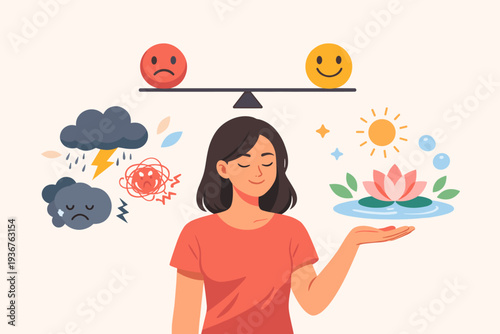 Concept of emotional balance and stress control with a calm woman managing her feelings. Illustration of mental health, mindfulness, and psychological stability between positive and negative.