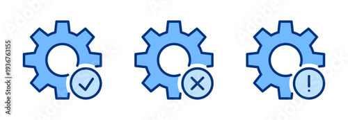 Gear icons set. Cogwheel sign. Setting, settings, configuration, option, setup. Blue solid vector. Check mark, approve, cross, exclamation mark.For apps, website, business, ui / ux design, infographic