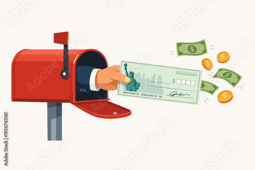 Tax Refund and Rebate Credit Concept with Businessman Hand Reaching Out of a Red Mailbox Holding a Government Check with Statue of Liberty Illustration, Flying Dollar Bills and Gold Coins Design