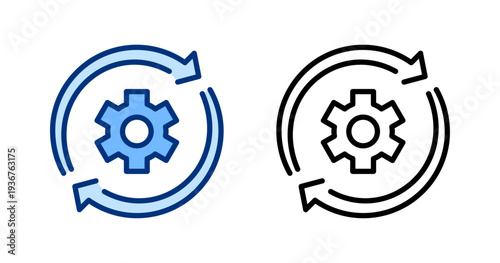 Reset settings icons set. Gear wheel, cogwheel sign. Setting, configuration, arrows, setup symbol. Blue solid vector icon collection. For apps, website, business, ui / ux design, infographic.