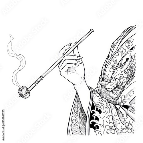 Hand drawn ink sketch of Geisha hand holding Kiseru pipe isolated on white background. Traditional tattoo illustration.