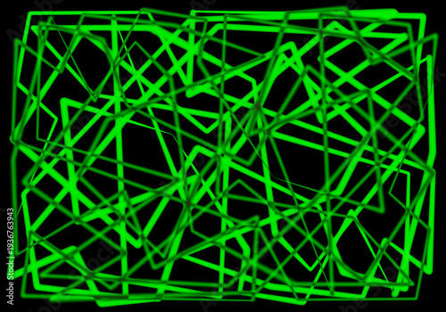 Enredo. Confusión. Composición abstracta con líneas verdes sobre fondo negro. Maraña verde