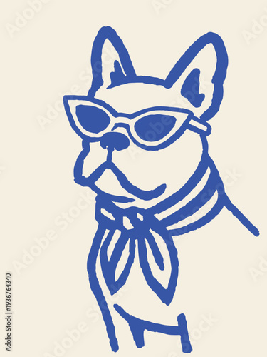French bulldog sunglasses bandana naive sketch vector illustration