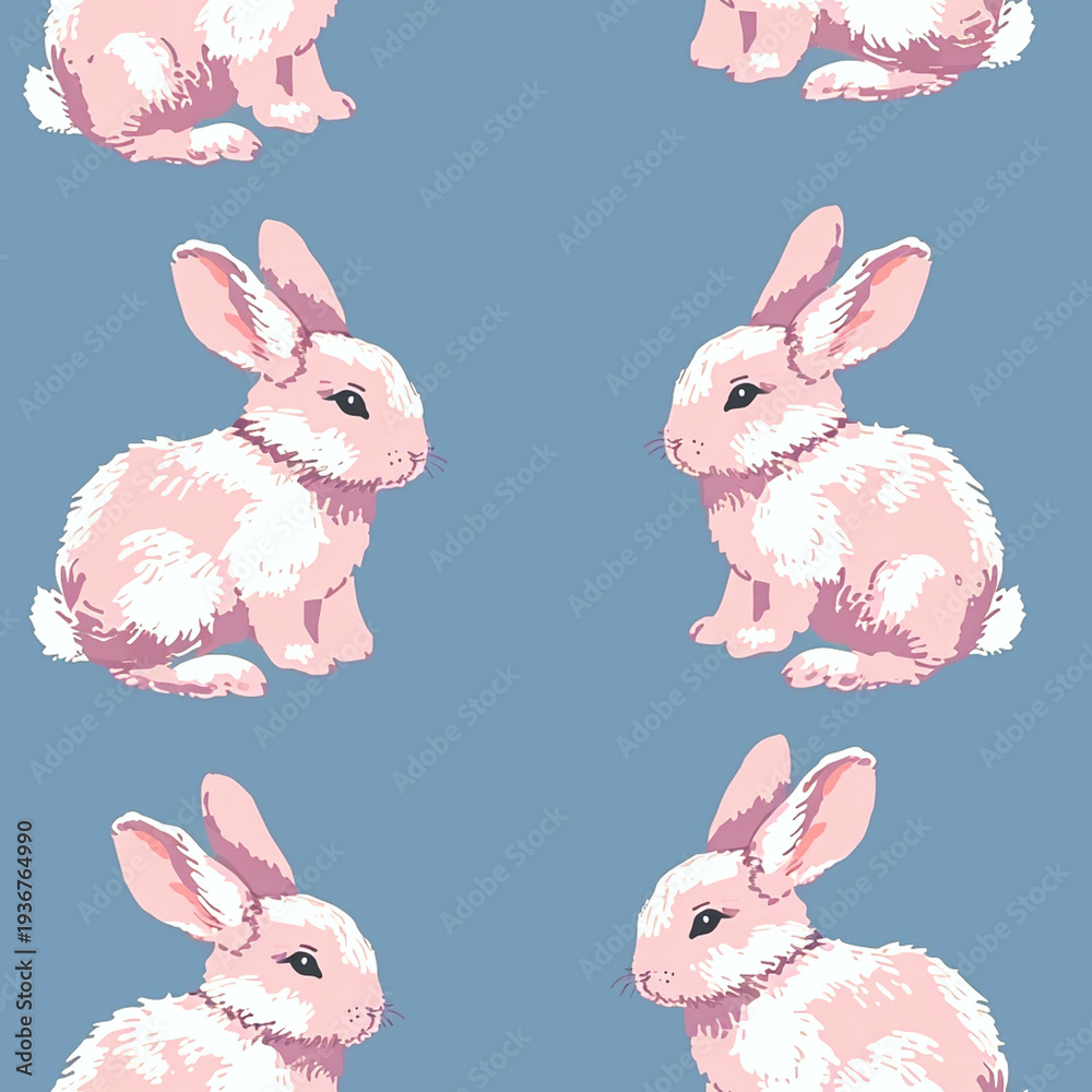 Fototapeta premium Cute pink rabbit seamless pattern on blue background