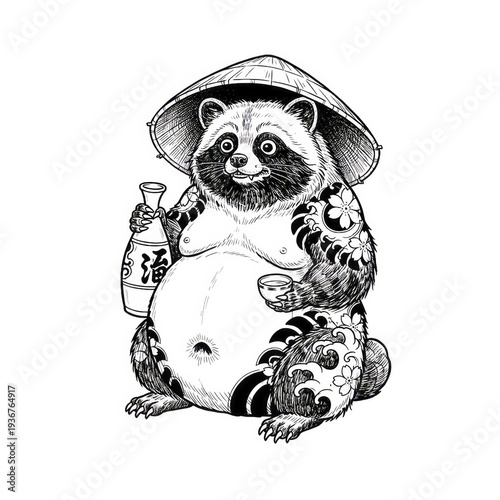 Hand drawn ink sketch of Tanuki Raccoon Dog with sake bottle isolated on white background. Traditional tattoo illustration.