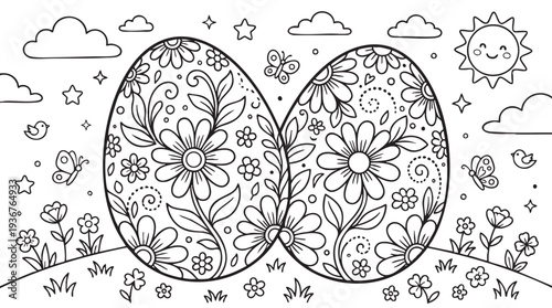 Easter Detailed Floral Eggs Coloring Page with Spring Elements
