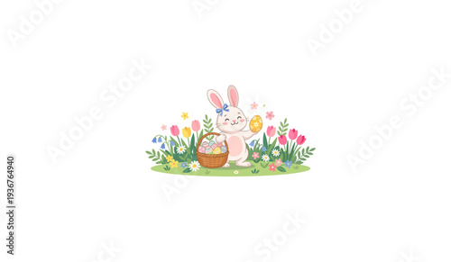 cute easter bunny with basket of decorated eggs, spring flowers and grass, cartoon rabbit character illustration on transparent background
