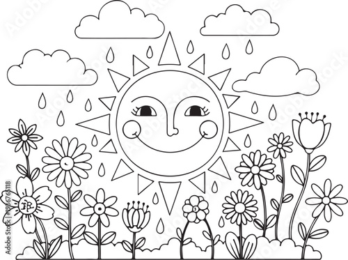 Colorful sunshine and flowers coloring page for kids