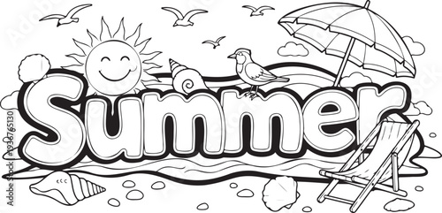 Summer beach color page for kids with sun umbrella and beach chair