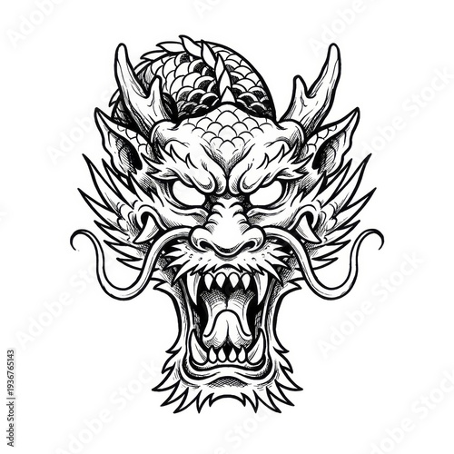 Hand drawn ink sketch of Japanese dragon head front view isolated on white background. Traditional tattoo illustration.