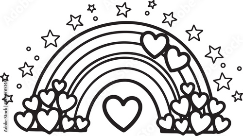 Colorful rainbow page with hearts and stars for kids to color