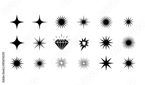 Y2K retro sparkle star silhouettes collection with flash rays and twinkle decorative icons
