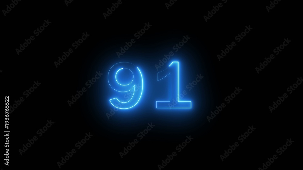 Fototapeta premium Glowing blue neon number ninety one on black background
