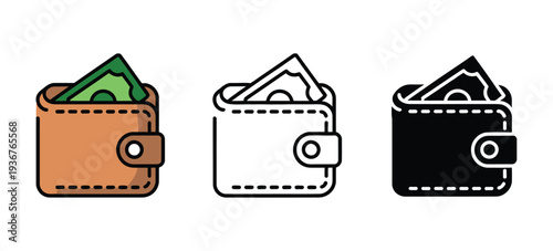 Wallet Icons for Finance and Money Projects, Flat, Outline, and Solid Black Vector Graphics for Apps and Websites