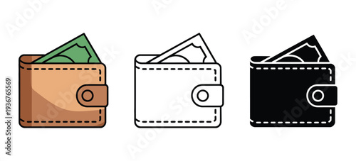 Wallet Icons for Finance and Money Projects, Flat, Outline, and Solid Black Vector Graphics for Apps and Websites