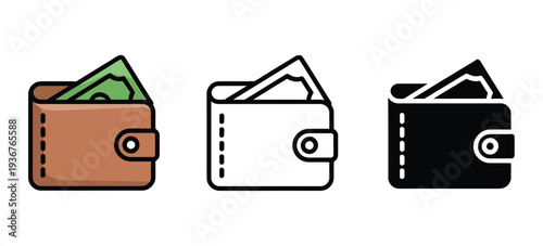 Wallet Icons for Finance and Money Projects, Flat, Outline, and Solid Black Vector Graphics for Apps and Websites