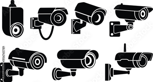Set of CCTV security camera silhouettes isolated on white background, surveillance monitoring device icons for safety, protection, video recording technology, security system concept