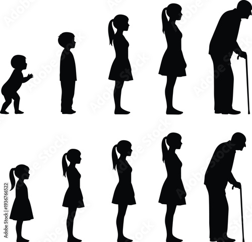 Human life cycle silhouettes from baby to child, teenager, adult and elderly person with cane, concept of aging and human growth stages