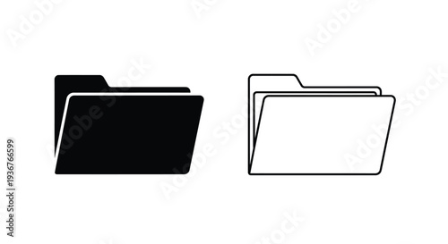 Set of 2 Minimalist Folder Icons Vector: One Solid Black and One Outline White, Representing Document Storage and Organization for Digital Interfaces