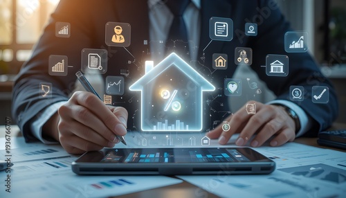Business Professional Using Digital Tablet with Glowing House Percentage Symbol – Modern Real Estate Mortgage Interest Rate Concept, Property Investment Analysis, Housing Finance Technology, and Smart
