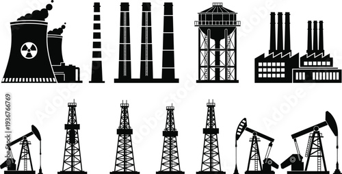 Industrial energy infrastructure silhouettes including nuclear power plant, refinery towers, factory buildings, oil drilling rigs and pump jacks representing global energy production industry