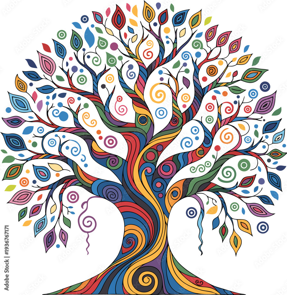 Obraz premium Adobe Illustrator Artwork Colorful tree logo with vibrant leaves, dark trunk, and roots against a white background 