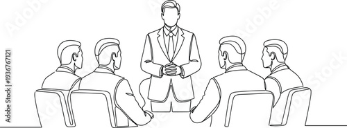 Continuous line drawing of professional businessman standing and leading corporate meeting with colleagues sitting at office table for leadership concept