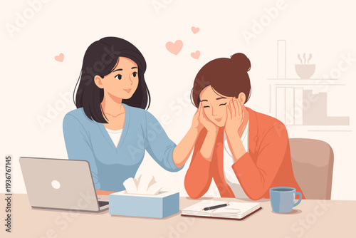 Supportive woman comforting a sad friend or colleague at work. Concept of empathy, compassion, and mental health support with hearts, laptop, and tissues in a clean flat vector illustration.