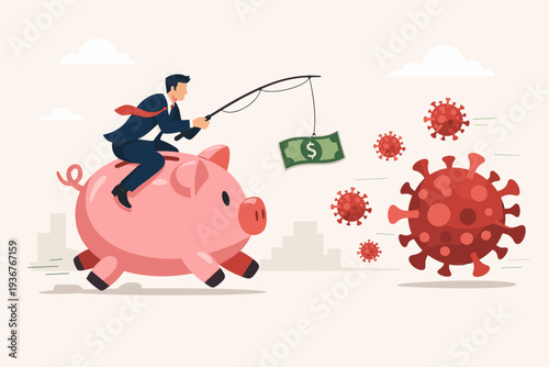 Businessman riding a piggy bank using a dollar bill on a fishing rod to lure it through a coronavirus outbreak, representing economic stimulus policy, financial aid, and market recovery efforts.