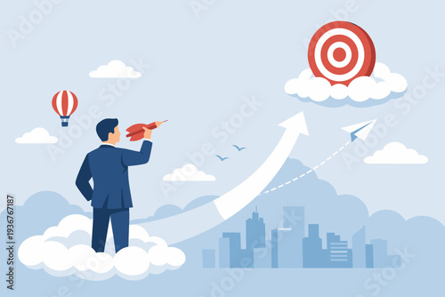 Businessman on a cloud aiming a dart at a target, representing ambition, business success, goal achievement, and motivation to reach high objectives with a rising arrow and city skyline backdrop.