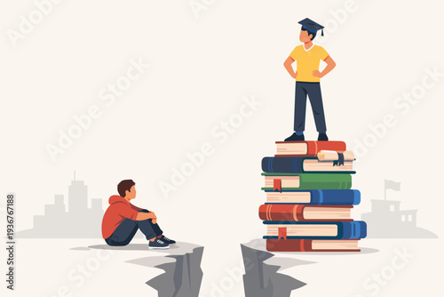 Education Inequality Concept with a Graduate Standing on a Stack of Books and Another Person Sitting Across a Chasm Representing the Gap in Access to Knowledge and Academic Success Opportunities