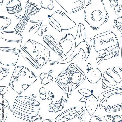 Breakfast food seamless pattern doodle sketch. Hand drawn fruits, products, and drinks on a white background. Meal print, vector graphic