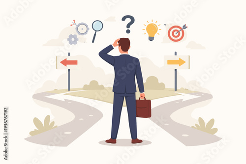 Businessman at a crossroads making a difficult choice between two paths with icons for strategy, research, ideas, and goals representing career development, decision making, and future success.