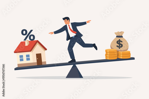 Businessman balancing house with interest rate and money bag on seesaw, mortgage payment and real estate loan concept, financial stability, debt management, and property investment strategy.