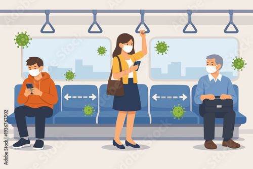Social Distancing and Face Masks in Public Transportation; People Keeping Safe Distance on Subway Train to Prevent Spread of COVID-19 Coronavirus Pandemic, Vector Illustration Concept