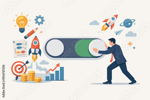 Businessman Turning on a Large Switch to Launch a New Business Project, Representing Innovation, Creative Ideas, Startup Growth, Product Development Process, and Strategic Success Concept.