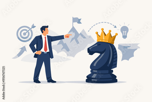 Businessman in suit pointing at a large chess knight with a golden crown, representing business strategy, leadership, competition, goal achievement, and tactical decision making concept.