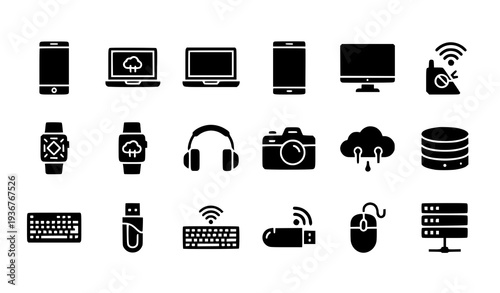 A collection of modern technology icons in a flat design style