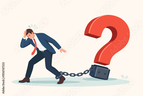 Stressed Businessman Struggling with a Large Red Question Mark Chained to His Ankle, Symbolizing Unanswered Problems, Difficult Challenges, Mental Burden, and Unsolvable Quests in Business Life.