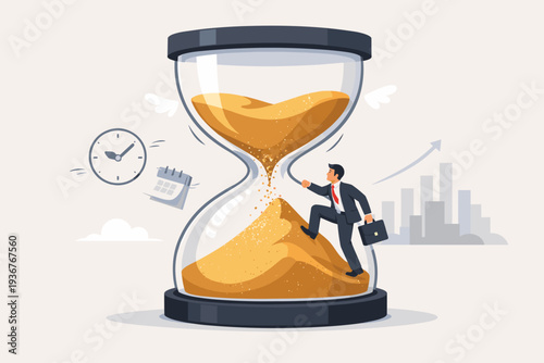 Businessman climbing sand inside a giant hourglass, conceptualizing time management, patience for success, career growth, deadline pressure, and efficiency in professional business environment.